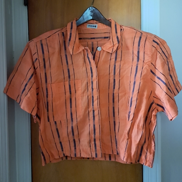 Tops - Orange Vintage Striped Button-Up Crop Top